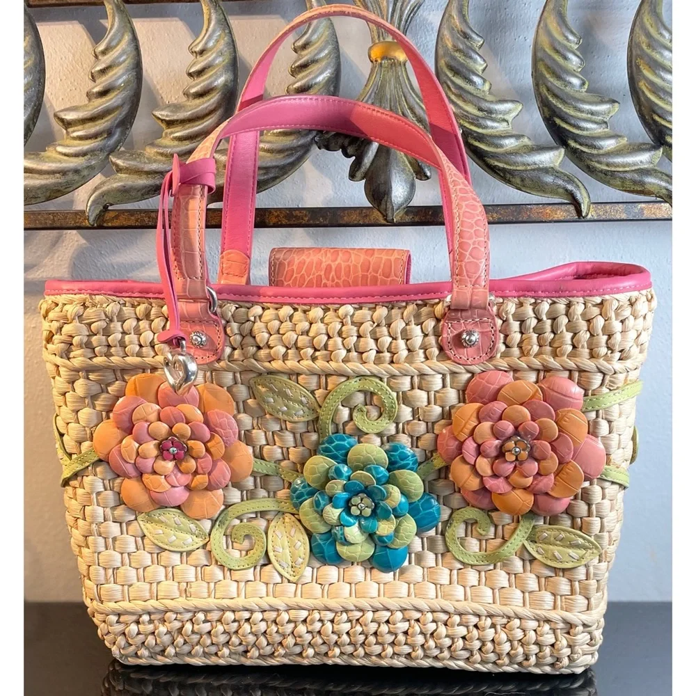 Brighton Straw Tote with Pink Trim and Multicolor Floral Appliques